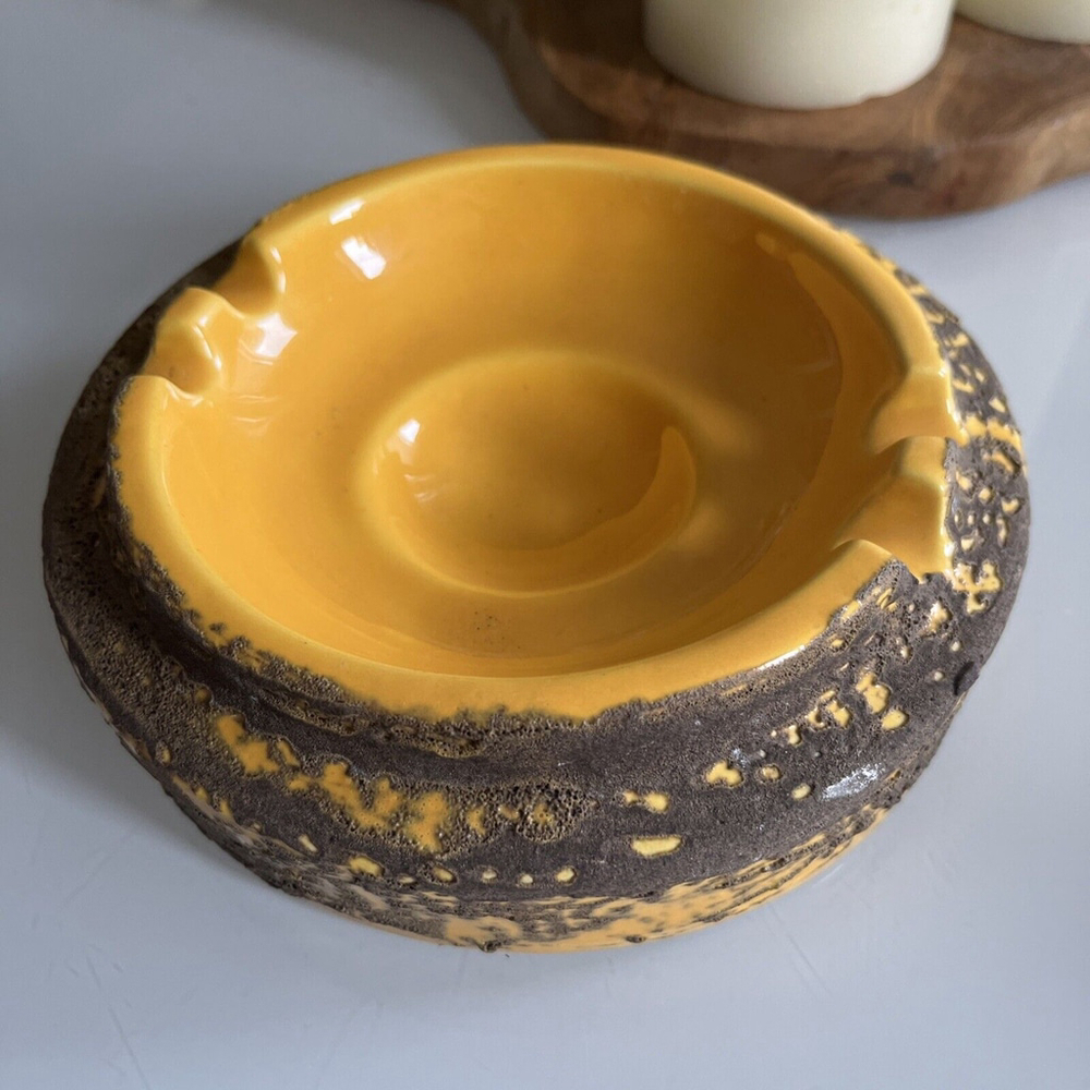 Mid Century Modern Laurentian Pottery Fat Lava Glaze Ashtray Yellow Cigars VTG